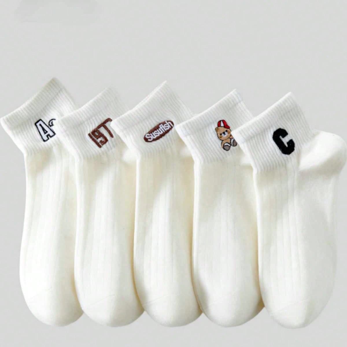 5 Paires de chaussettes blanches pour femmes avec motifs de lettres et de nombres saisonniers, adaptées pour les trajets quotidiens et des